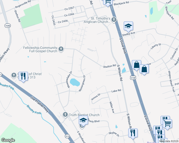 map of restaurants, bars, coffee shops, grocery stores, and more near 2635 Lake Road North in Radcliff