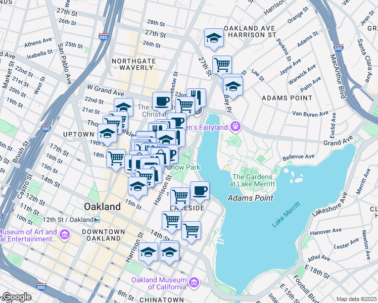 map of restaurants, bars, coffee shops, grocery stores, and more near in Oakland