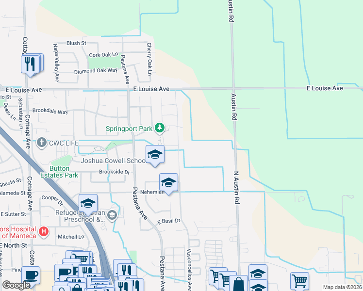 map of restaurants, bars, coffee shops, grocery stores, and more near 744 Vasconcellos Avenue in Manteca