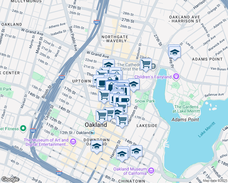map of restaurants, bars, coffee shops, grocery stores, and more near 1901 Franklin Street in Oakland