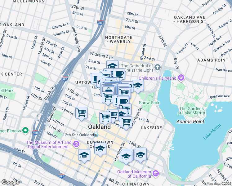 map of restaurants, bars, coffee shops, grocery stores, and more near 1753 Broadway in Oakland