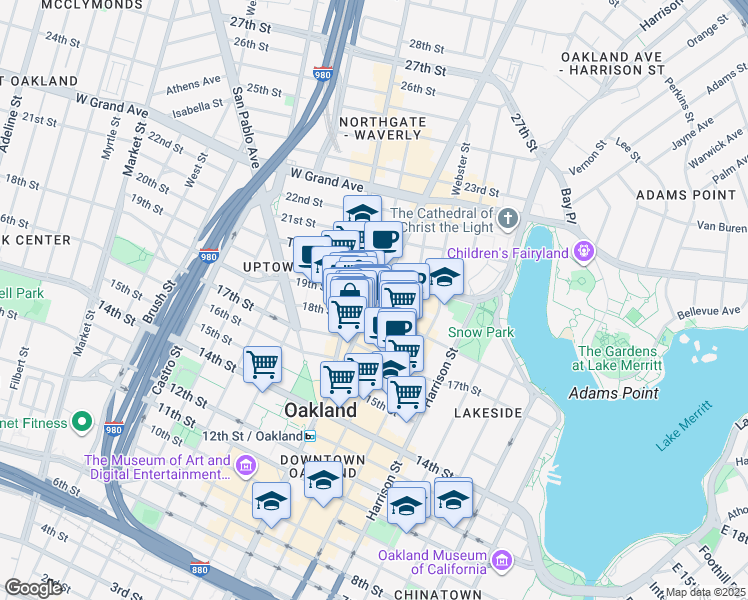 map of restaurants, bars, coffee shops, grocery stores, and more near 1753 Broadway in Oakland