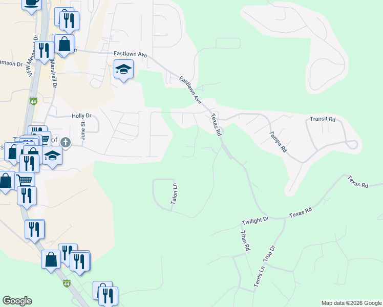 map of restaurants, bars, coffee shops, grocery stores, and more near 24460 Tupelo Lane in Saint Robert