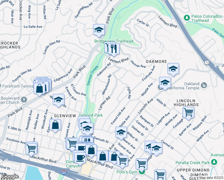 map of restaurants, bars, coffee shops, grocery stores, and more near 4007 Lyman Road in Oakland