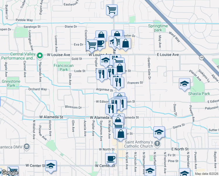 map of restaurants, bars, coffee shops, grocery stores, and more near 160 Argonaut Street in Manteca
