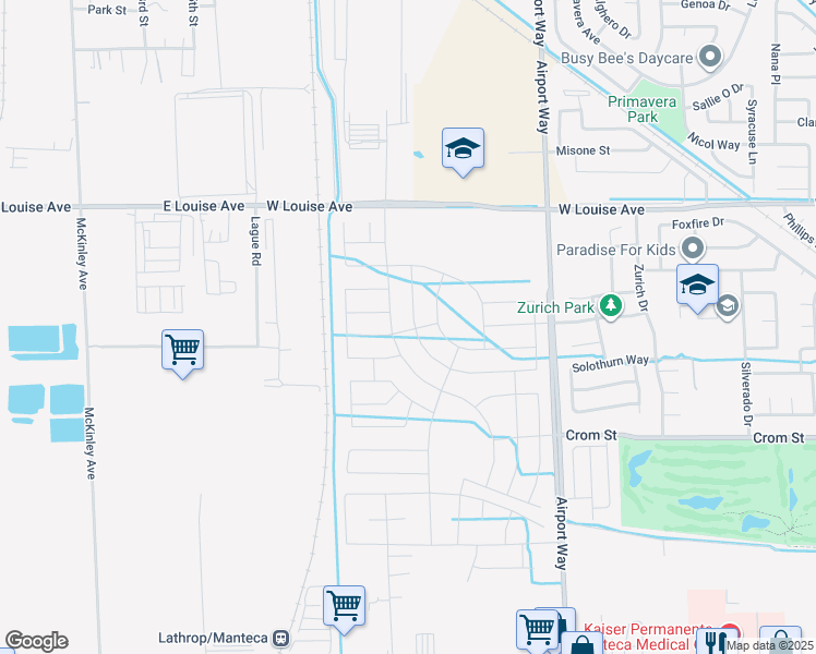 map of restaurants, bars, coffee shops, grocery stores, and more near 697 Airport Way in Manteca