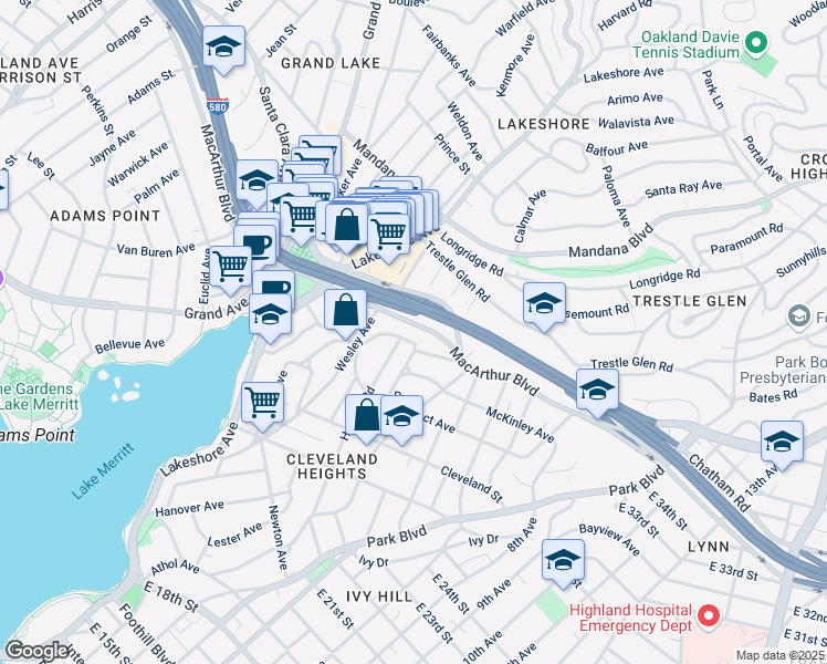 map of restaurants, bars, coffee shops, grocery stores, and more near in Oakland