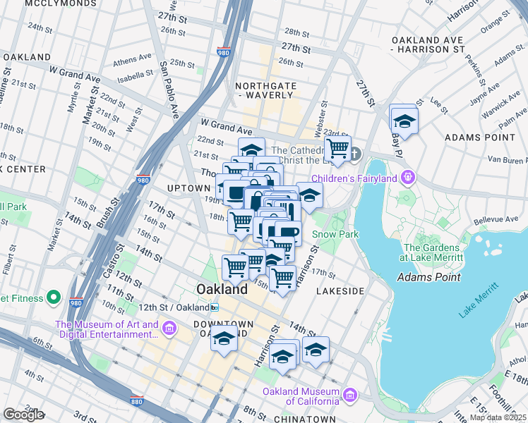map of restaurants, bars, coffee shops, grocery stores, and more near 1901 Franklin Street in Oakland