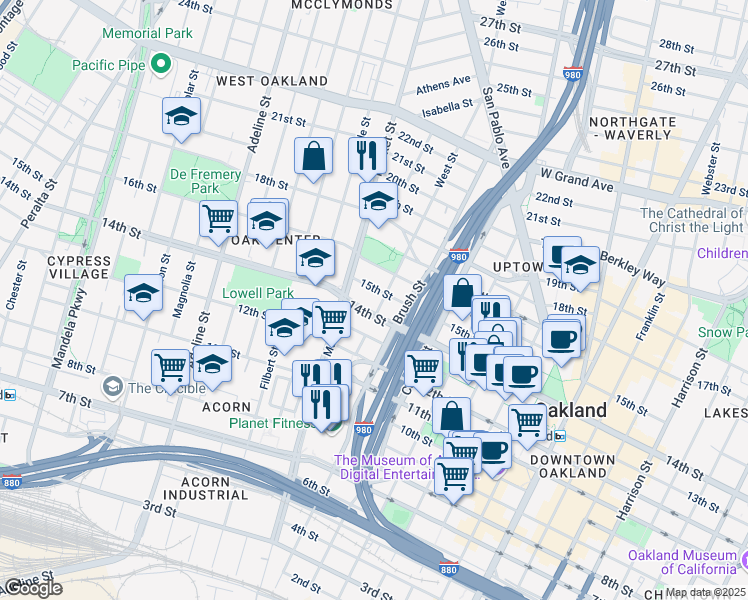 map of restaurants, bars, coffee shops, grocery stores, and more near 801 14th Street in Oakland