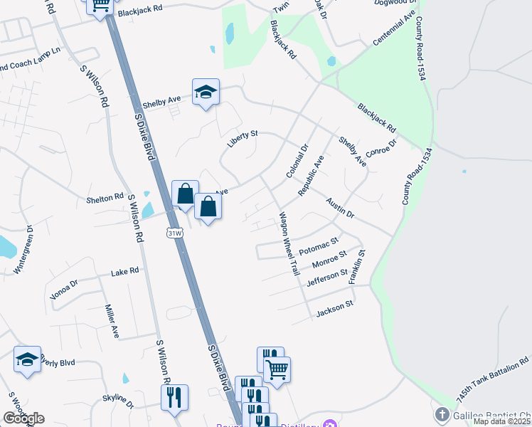 map of restaurants, bars, coffee shops, grocery stores, and more near 2925 Crockett Court in Radcliff