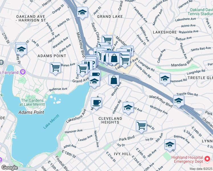 map of restaurants, bars, coffee shops, grocery stores, and more near 590 Boden Way in Oakland