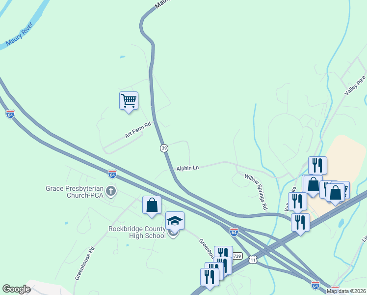 map of restaurants, bars, coffee shops, grocery stores, and more near 422 Maury River Road in Lexington