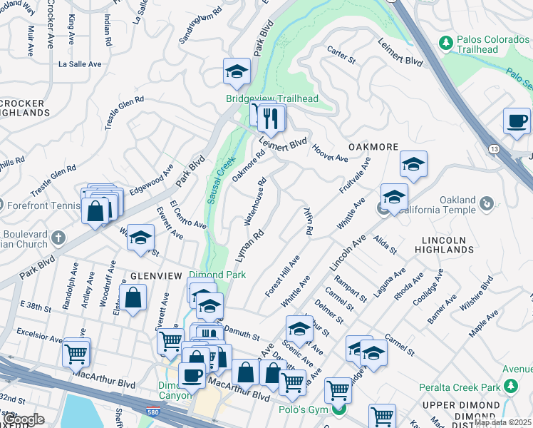 map of restaurants, bars, coffee shops, grocery stores, and more near 4007 Lyman Road in Oakland