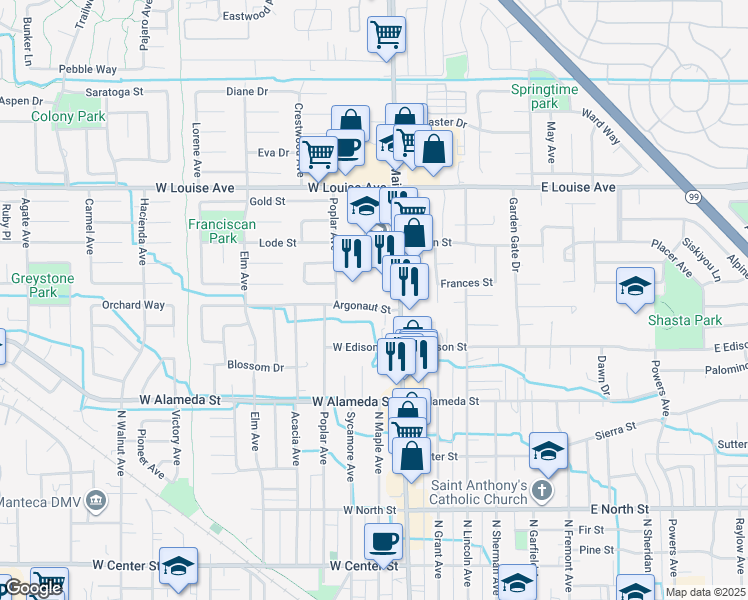 map of restaurants, bars, coffee shops, grocery stores, and more near 157 Argonaut Street in Manteca