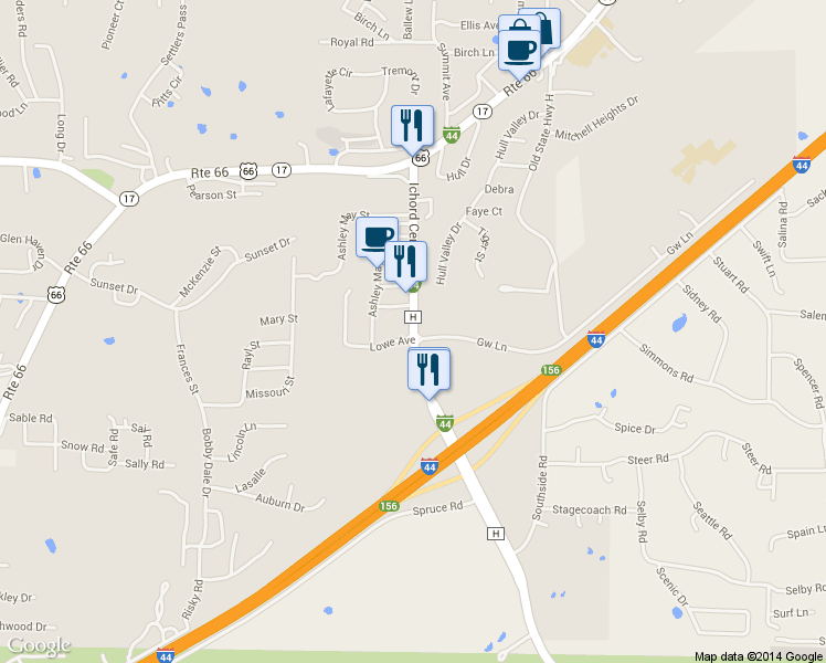 map of restaurants, bars, coffee shops, grocery stores, and more near Ichord Center in Waynesville