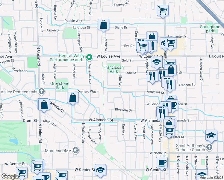 map of restaurants, bars, coffee shops, grocery stores, and more near 657 Argonaut Street in Manteca