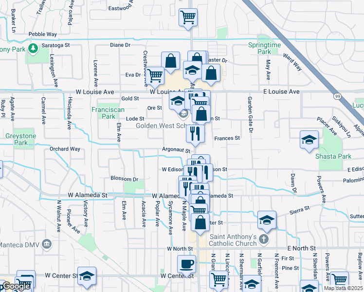 map of restaurants, bars, coffee shops, grocery stores, and more near 157 Argonaut Street in Manteca