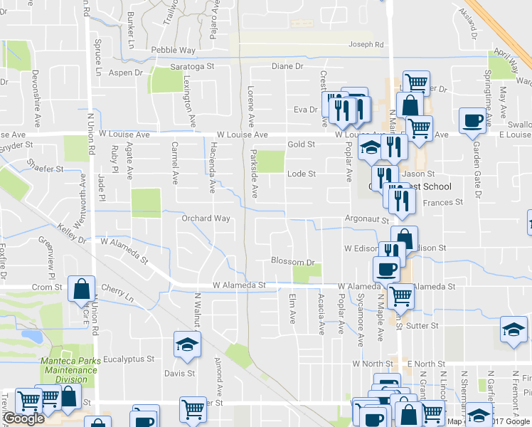 map of restaurants, bars, coffee shops, grocery stores, and more near 657 Argonaut Street in Manteca