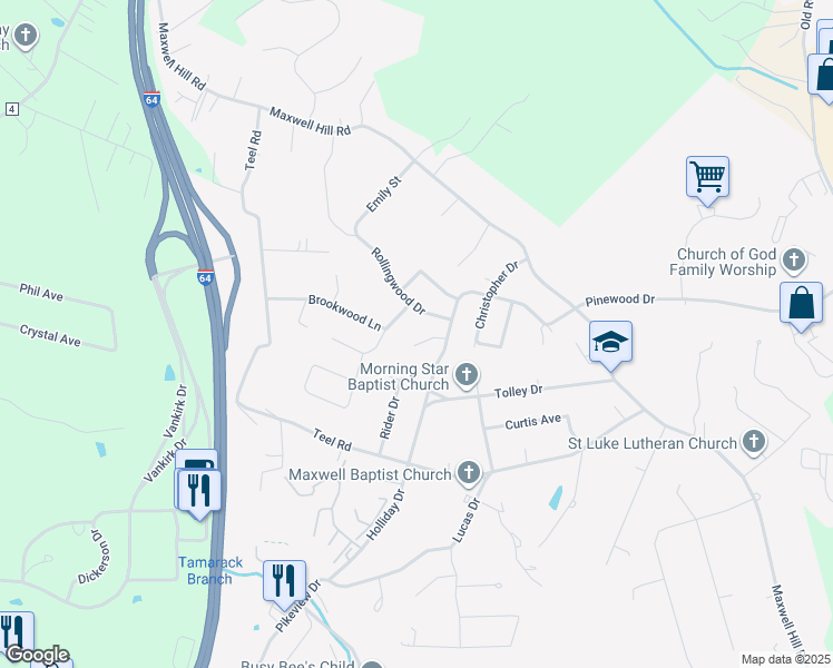 map of restaurants, bars, coffee shops, grocery stores, and more near 103 Elmridge Court in Beckley