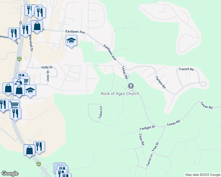 map of restaurants, bars, coffee shops, grocery stores, and more near 24418 Tupelo Lane in Saint Robert