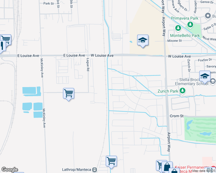 map of restaurants, bars, coffee shops, grocery stores, and more near 2490 West Louise Avenue in Manteca