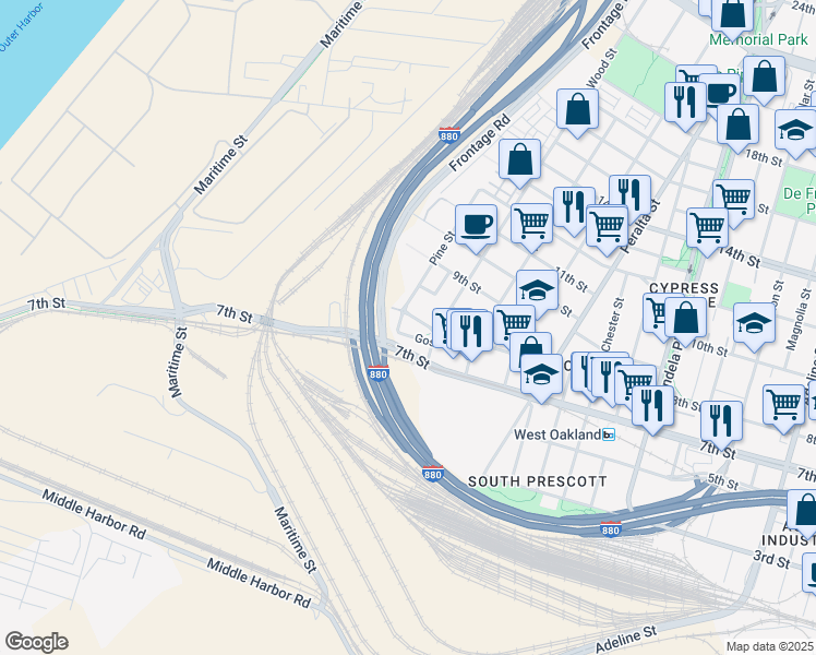 map of restaurants, bars, coffee shops, grocery stores, and more near 721 Wood Street in Oakland