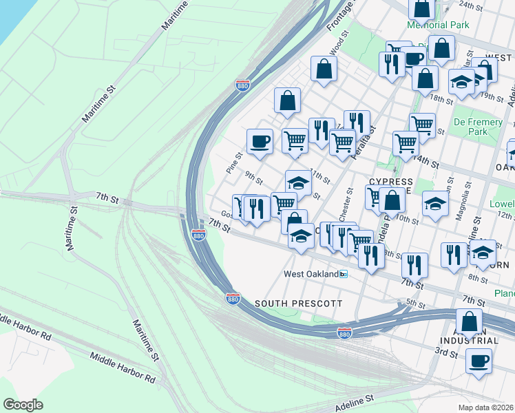 map of restaurants, bars, coffee shops, grocery stores, and more near 1760 Goss Street in Oakland
