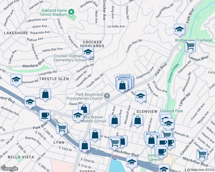 map of restaurants, bars, coffee shops, grocery stores, and more near 1546 Holman Road in Oakland