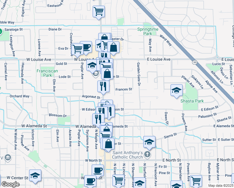 map of restaurants, bars, coffee shops, grocery stores, and more near 654 North Grant Avenue in Manteca