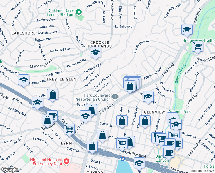map of restaurants, bars, coffee shops, grocery stores, and more near 1411 Holman Road in Oakland