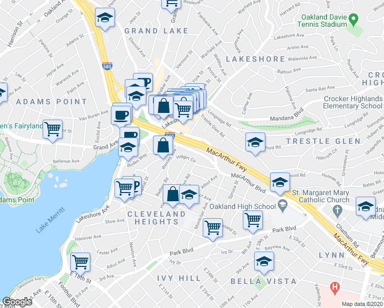 map of restaurants, bars, coffee shops, grocery stores, and more near in Oakland