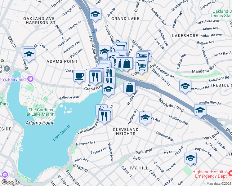 map of restaurants, bars, coffee shops, grocery stores, and more near 520 Boden Way in Oakland