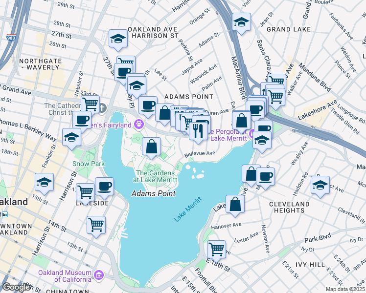 map of restaurants, bars, coffee shops, grocery stores, and more near 601 Bellevue Avenue in Oakland