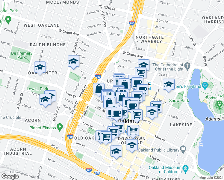 map of restaurants, bars, coffee shops, grocery stores, and more near 1603 Jefferson Street in Oakland