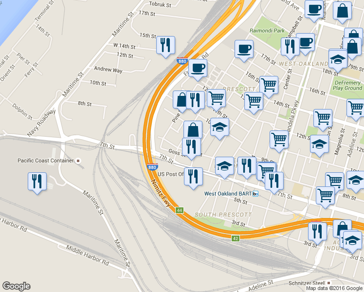 map of restaurants, bars, coffee shops, grocery stores, and more near 1717 8th Street in Oakland
