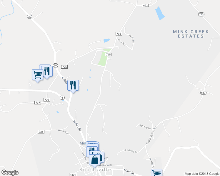 map of restaurants, bars, coffee shops, grocery stores, and more near 145 Overlook Heights in Scottsville