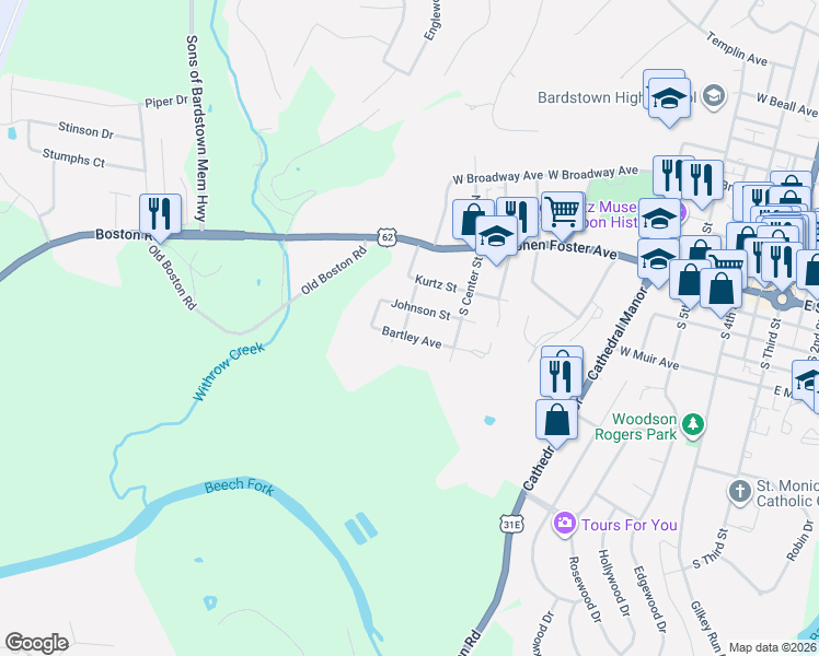 map of restaurants, bars, coffee shops, grocery stores, and more near 823 Bartley Avenue in Bardstown