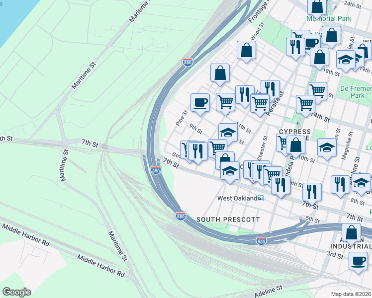 map of restaurants, bars, coffee shops, grocery stores, and more near 2 8th Street in Oakland