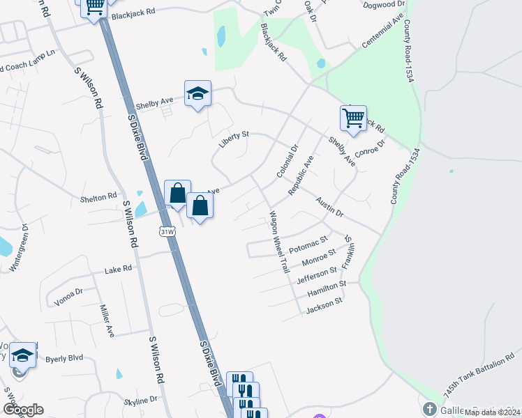 map of restaurants, bars, coffee shops, grocery stores, and more near 2840 Frontier Court in Radcliff