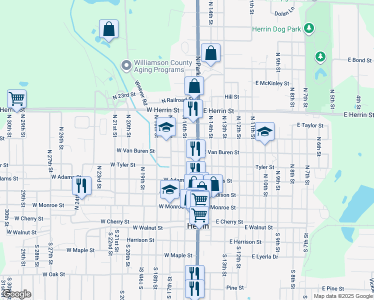 map of restaurants, bars, coffee shops, grocery stores, and more near 121 West Van Buren Street in Herrin