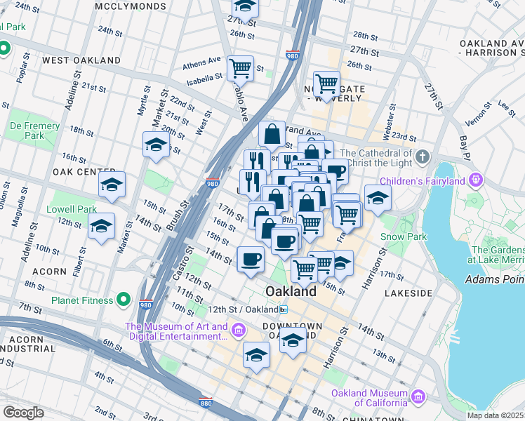 map of restaurants, bars, coffee shops, grocery stores, and more near in Oakland