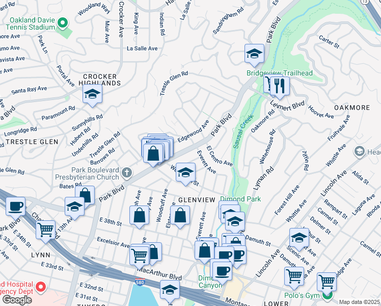 map of restaurants, bars, coffee shops, grocery stores, and more near 4426 Park Boulevard in Oakland