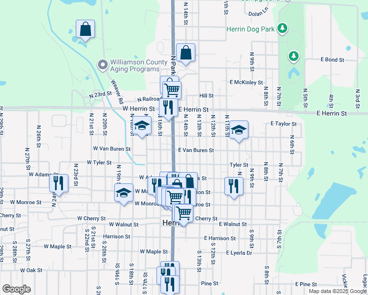 map of restaurants, bars, coffee shops, grocery stores, and more near 601 North 14th Street in Herrin