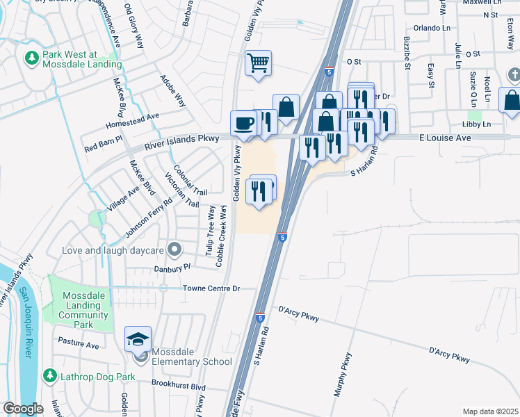map of restaurants, bars, coffee shops, grocery stores, and more near 16858 Golden Valley Parkway in Lathrop