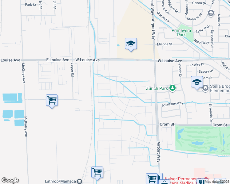 map of restaurants, bars, coffee shops, grocery stores, and more near 2490 West Louise Avenue in Manteca