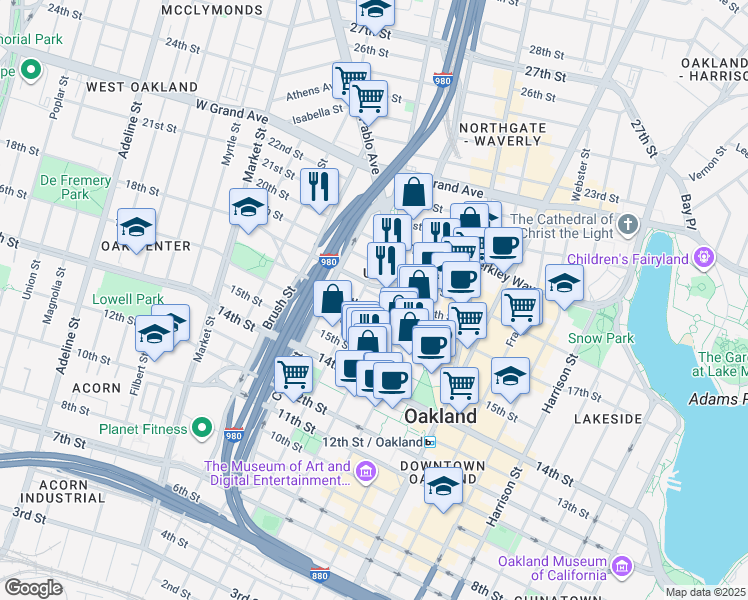map of restaurants, bars, coffee shops, grocery stores, and more near 1888 Martin Luther King Junior Way in Oakland