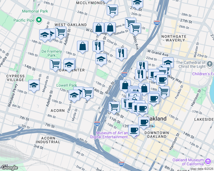 map of restaurants, bars, coffee shops, grocery stores, and more near in Oakland