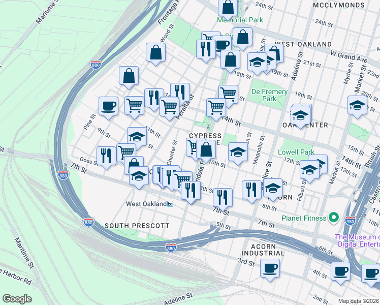 map of restaurants, bars, coffee shops, grocery stores, and more near 1120 Center Street in Oakland