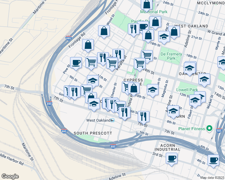 map of restaurants, bars, coffee shops, grocery stores, and more near 1033 Chester Street in Oakland