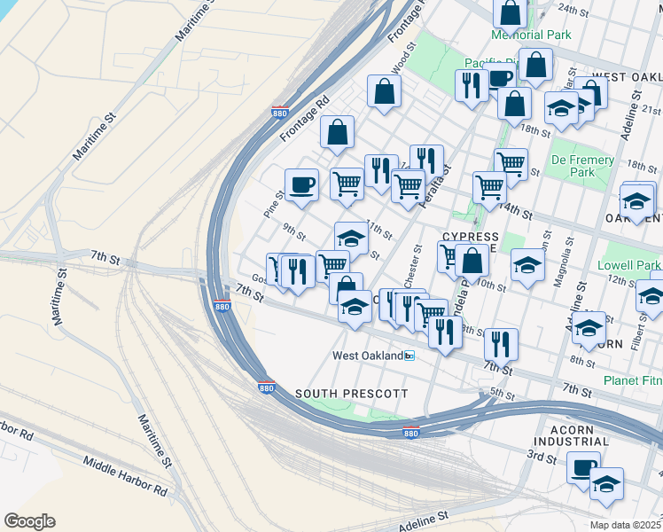 map of restaurants, bars, coffee shops, grocery stores, and more near 900 Willow Street in Oakland
